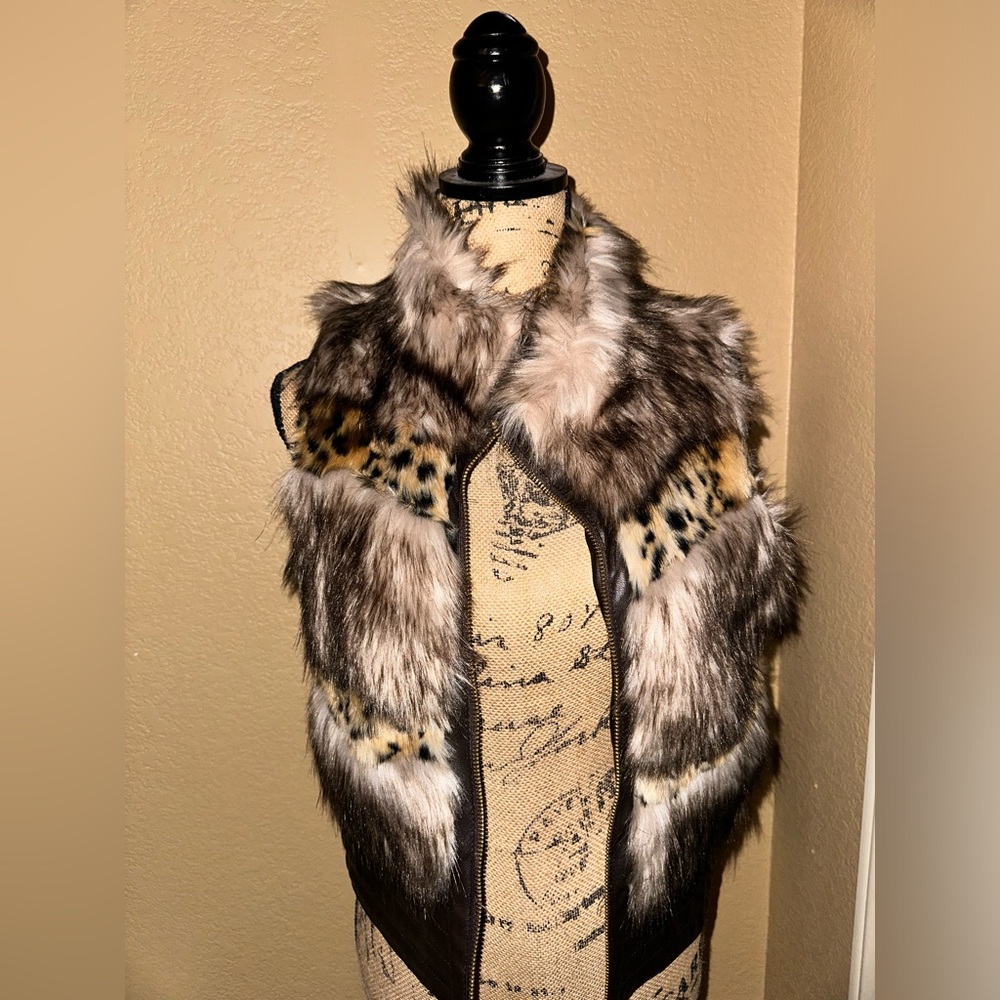 Guess Faux Fur Leather Leopard Vest